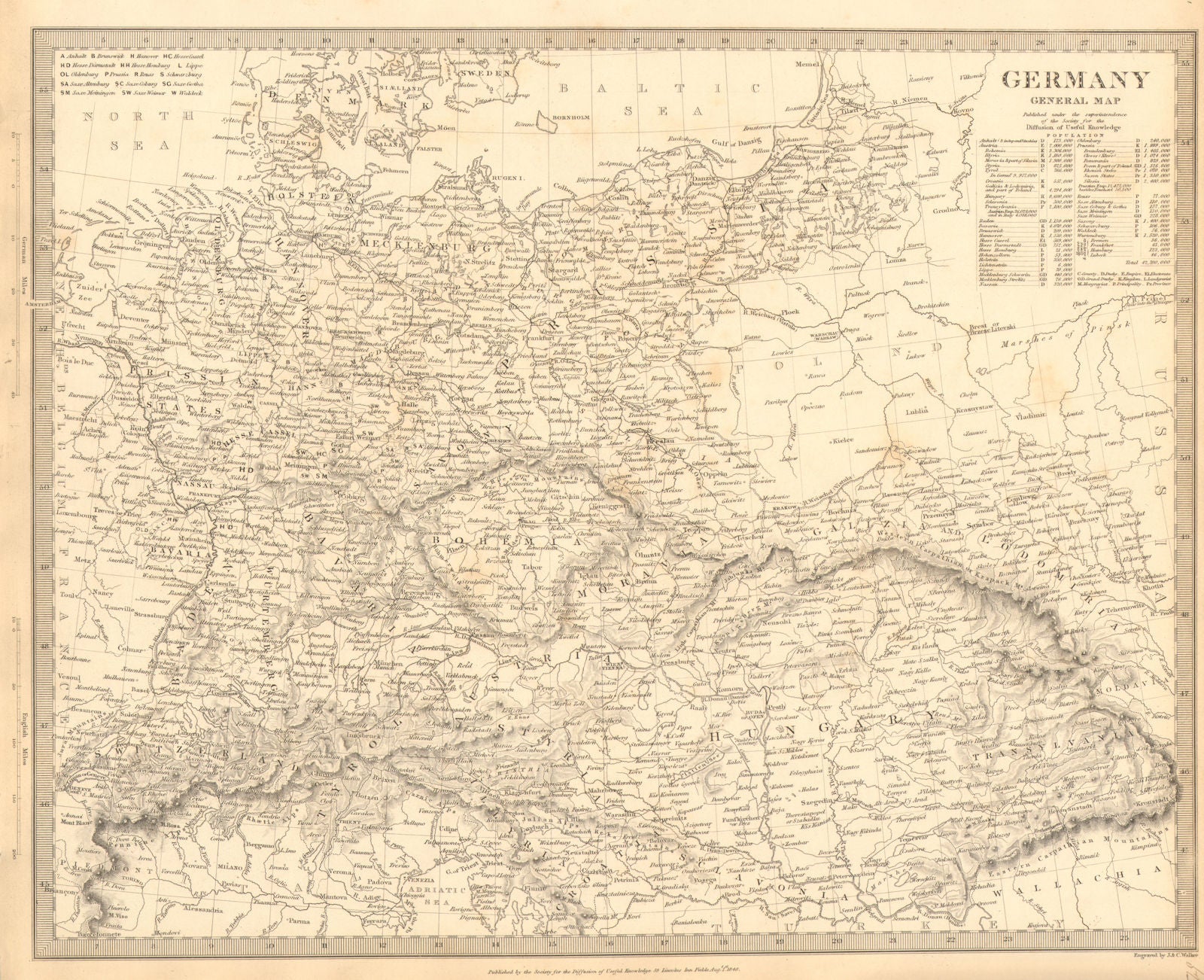 GERMANY. General Map. Hungary. Population table. SDUK 1848 old antique